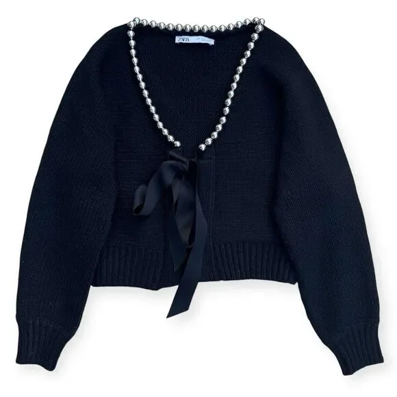 Zara Pearl Bow Chunky Knit Cardigan Size S Wool Blend Whimsi Feminine Coquette - Picture 1 of 7